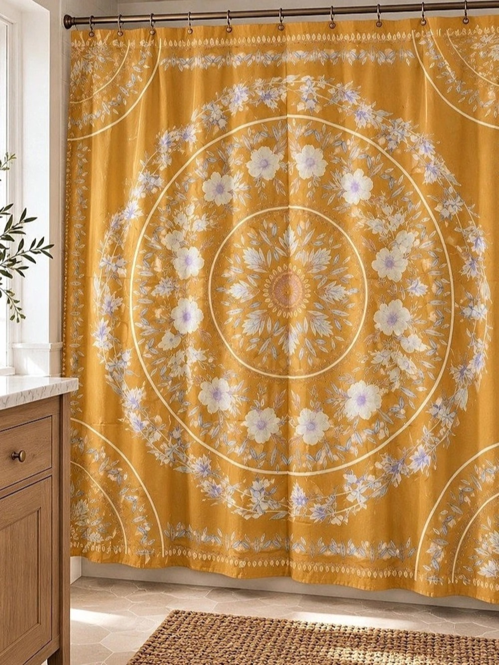 Urban Outfitters Floral Mandala Shower Curtain – Mustard Yellow & Boho